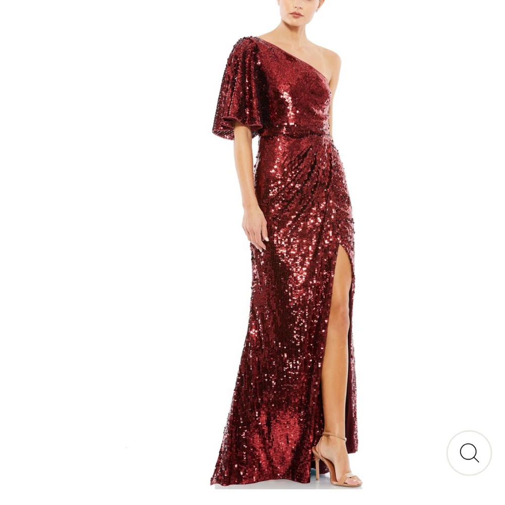 MAC DUGGAL ONE -SHOULDER SEQUIN COLUMN BUGUNDY RED GOWN  0